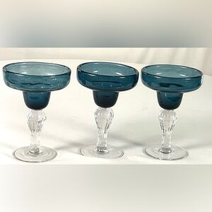 Rare margarita glasses-hand blown blue bubble glass, fluted stems-set of 3